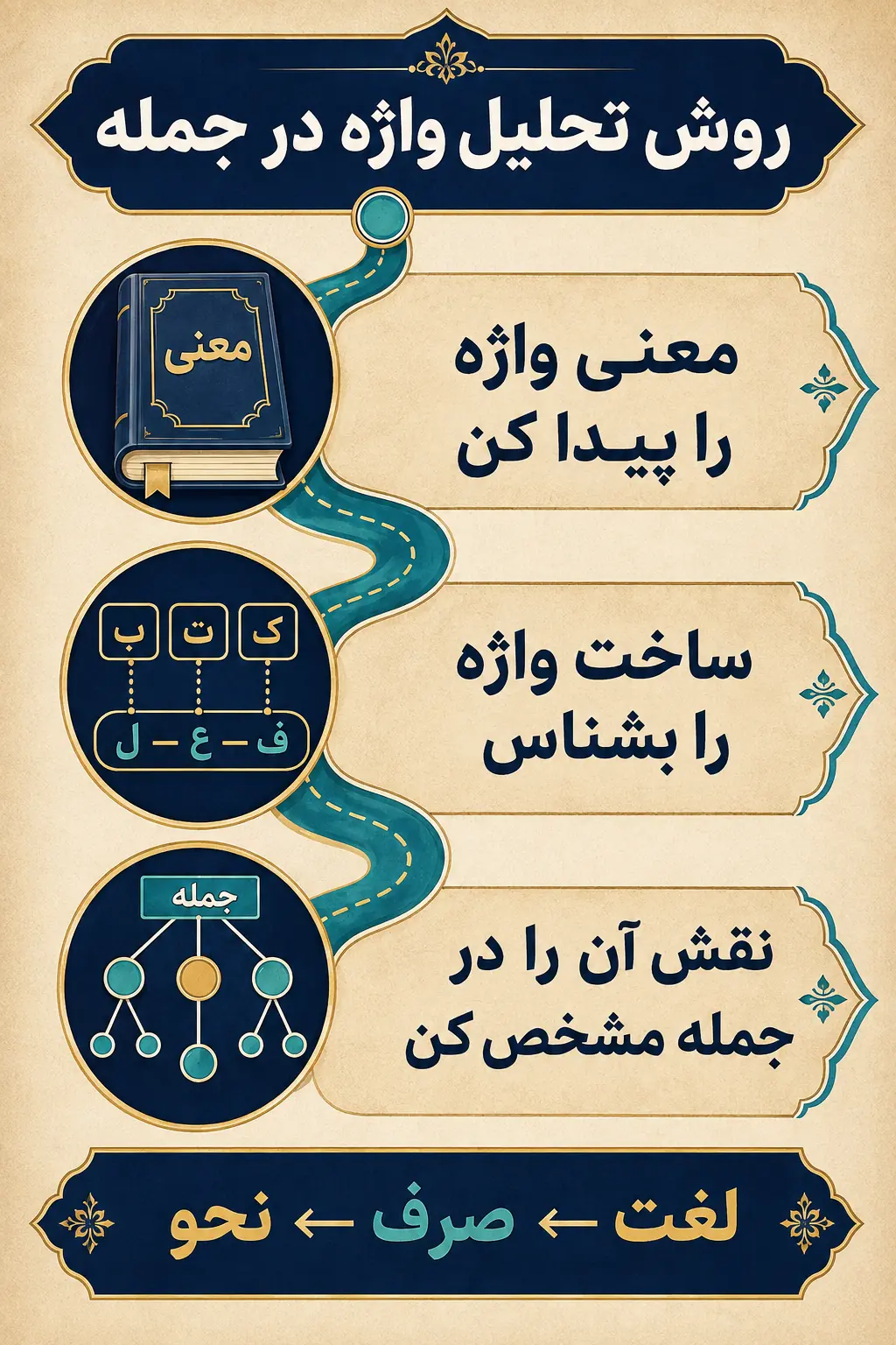 علم لغت چه چیزی را بررسی می‌کند و سه علم چگونه کنار هم کار می‌کنند؟
